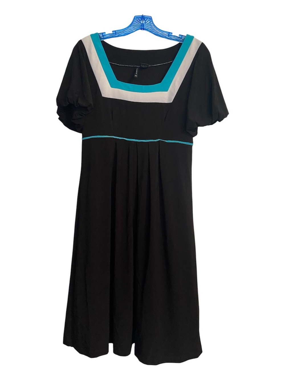 new directions Black Midi Dress with Teal & Cream Trim
